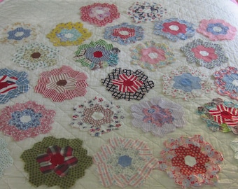 Quilt Blocks - Charming Vintage Multicolored Feedsack Grandmothers Flower Garden Quilt Blocks