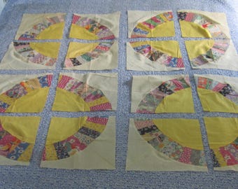 Quilt Blocks - 16 Charming Vintage Multicolored Feedsack Fan or Dresden Plate Quilt Blocks 9.5"