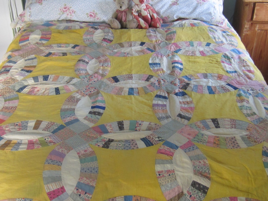 アンティークダブルウェディング キルトトップ　約200×220cm キルトトップ - スイート！アンティークイエローダブル