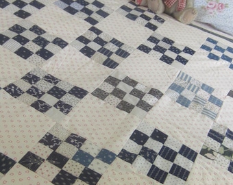 Quilt TOP - Outstanding Antique Indigo and Shirting Double Four-Patch Quilt TOP 65 X 72"
