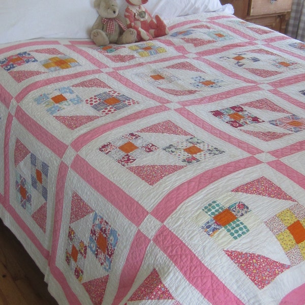 VERY Charming Vintage Multi Feedsack and Pink Double Nine-Patch Quilt 66X76”