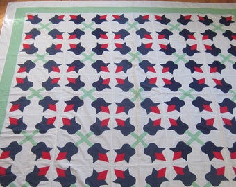 Quilt Top - Exquisite Antique Applique Turkey Red and Blue Tulip Quilt Top 77 X 80”