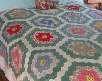 QUILT TOP - Spectacular Vintage Multi + Green Grandmothers Flower Garden Quilt TOP 87X68"