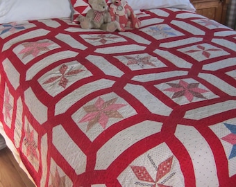 In Time For Christmas - Lovely Turkey Red Lemoyne Star Quilt 84X66”
