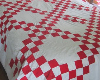 Quilt top - Antique Turkey Red + White Double Irish Chain Quilt 72" X 74"