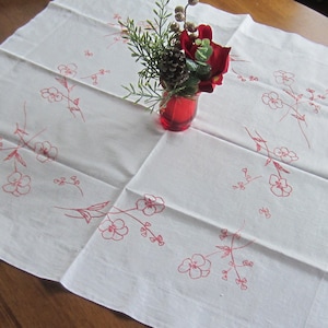 Lovely Antique Redwork Hand-Embroidered Floral Wreath Tablecloth 30.5X26.5”