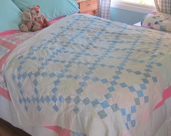 Quilt Top - Adorable Antique Blue and White Nine Patch or Single Irish Chain Quilt Top 70X50”