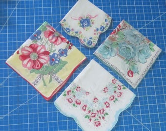 Four Darling Retro Floral Vintage Handkerchiefs