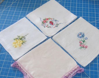Four Darling Retro Embroidered Floral Vintage Handkerchiefs #3