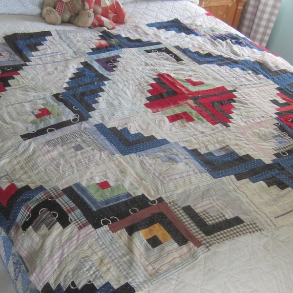 Quilt TOP - Couette antique primitive en indigo et chemise en rondins TOP 54X73 »