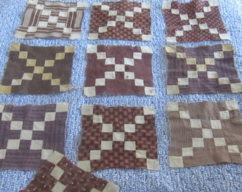 10 Primitive Antique Brown and Shirting Chain Quilt Blocks 7.25"