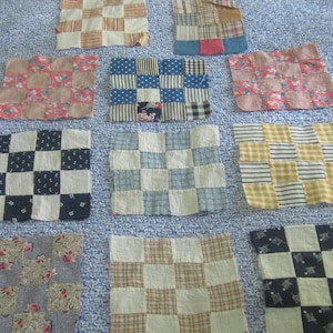10 Antique Primitive Multi and Indigo One-Patch Quilt Blocks 8-8.5”