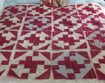 16 Pristine Antique Burgundy and Shirting Double Cross Quilt Blocks 12"