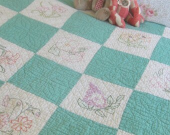 Vintage Quilt - Vintage Rich Aqua Hand-Embroidered Flower Quilt 74X74"
