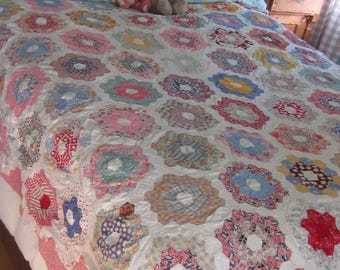 QUILT TOP - Amazing Vintage Multi + Feedsacks Grandmothers Flower Garden Quilt TOP 78X70"