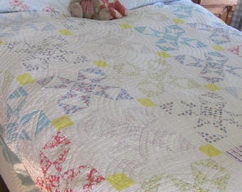 Very Pretty Vintage Feedsack and White CUTTER Pieced Star Quilt 67 X 60"