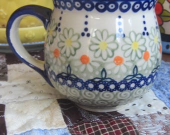 1 Charming Unikat Polish Pottery Green and Blue Floral Mug