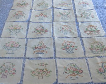 20 Very Charming Vintage Multicolored HAnd Embroidered Basket Quilt Blocks 9X8.25”