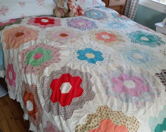 QUILT TOP - Charming Vintage Multi + White Feedsack Grandmothers Flower Garden Quilt TOP 71X89"
