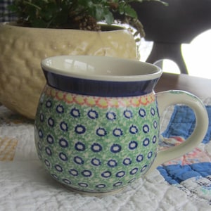 1 Lovely Unique Polish Pottery Green and Blue Floral Mug