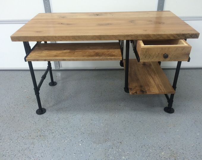 Computer Desk, Reclaimed Wood Desk, Rustic Barnwood Table, Keyboard Tray, Pen Drawer