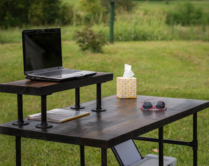 Reclaimed Wood Desk, Table- Solid Oak W/ Printer Shelf and Monitor Tray