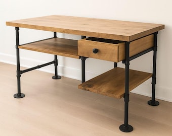 Custom Computer Desk – Solid Oak with Shelf – Modern Home Office or Gaming Desk Table