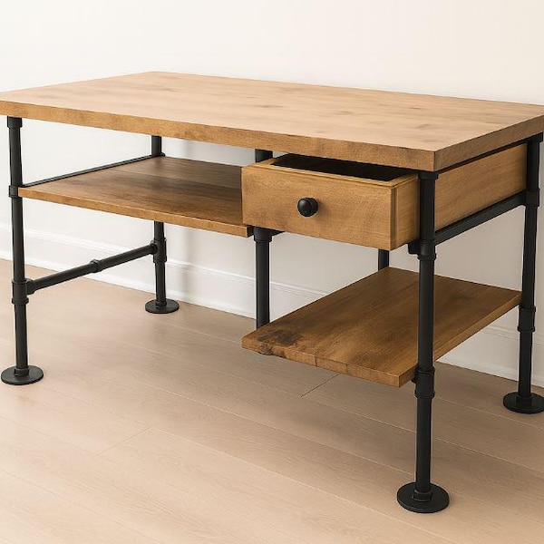 Custom Computer Desk – Solid Oak with Shelf – Modern Home Office or Gaming Desk Table