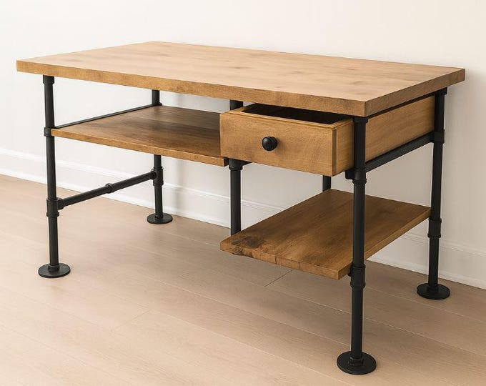 Custom Computer Desk – Solid Oak with Shelf – Modern Home Office or Gaming Desk Table