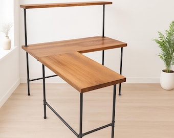 Custom Corner Desk – Solid Wood L Desk with Shelf | Modern Home Office Table