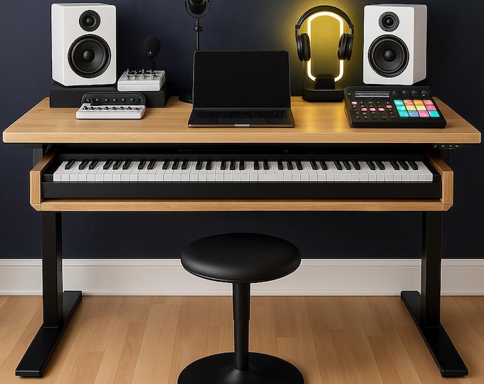 Sit-Stand Music Production Desk | Dual Motor Height Adjustable Studio Workstation with Full-Size Piano Keyboard Tray | Recording Made Easy