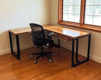 Double Drawer , Customized L Shaped Desk with curve, You pick your tables, Corner Desk, L Desk ,  L- shaped desk , Custom Computer Wood Desk