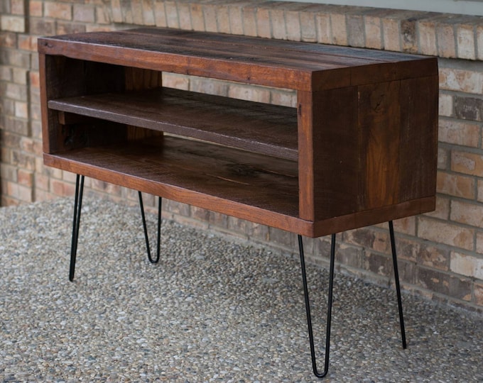 Rustic TV Stand W/ Reclaimed Barn Wood & Shelf- Solid Oak W/ 8" Hairpin Legs