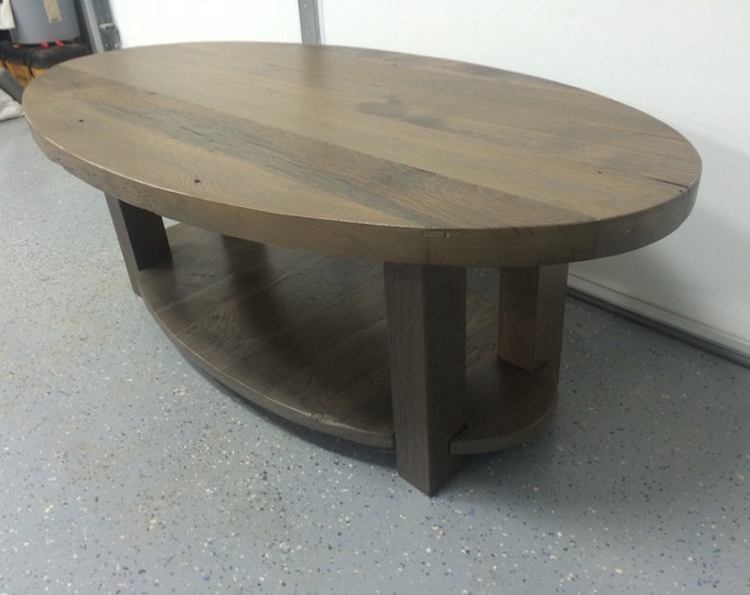 Reclaimed Wood Coffee Table. Oval Solid Oak Barn Wood Top and Oak post Legs!