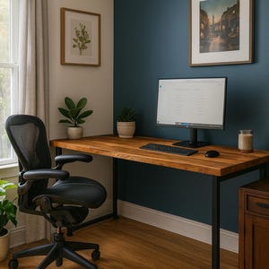 May include: A home office setup featuring a wooden desk with black metal legs, a black ergonomic chair, and a computer monitor. The room has a dark blue accent wall, framed artwork, and potted plants. The desk is approximately 60 inches long.