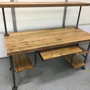 Computer Desk. Natural Finished Reclaimed Wood Table, Rustic Barnwood Table 4 shelf keyboard tray image 2