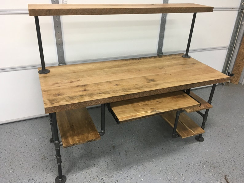 Computer Desk. Natural Finished Reclaimed Wood Table, Rustic Barnwood Table 4 shelf keyboard tray image 2