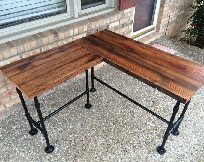 Desk, L Shaped Desk, Reclaimed Wood Desk, Corner Desk, Computer Desk, Wood Office Desk - Solid Oak W/ 28" Black Iron Pipe legs.