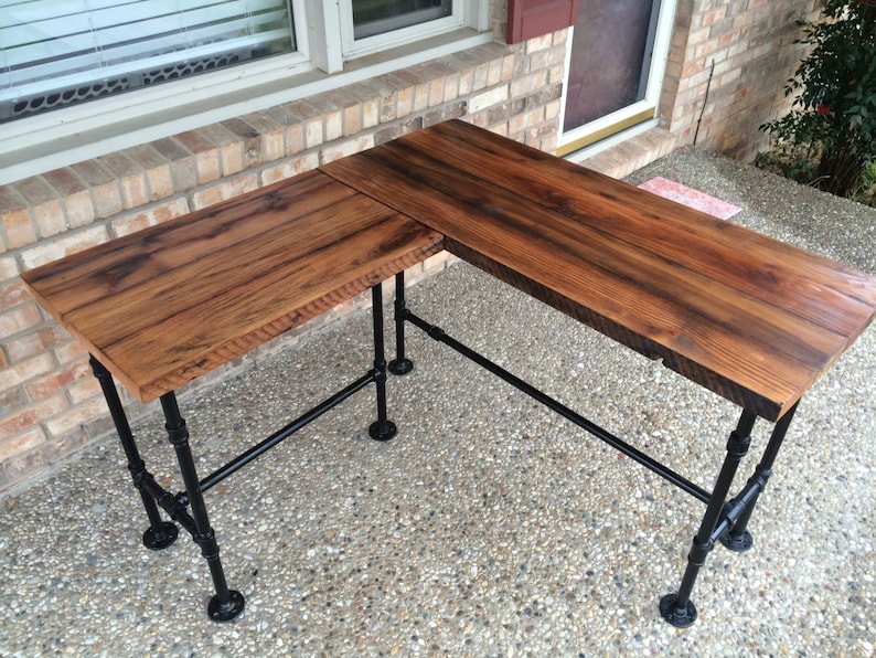 Desk L Shaped Reclaimed Wood Corner Computer Office Solid Oak W 28 Black Iron Pipe Legs