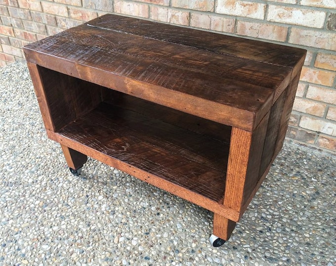 Rustic Reclaimed Barn Wood TV Stand - Solid Oak W/ 8" Wooden Caster Legs