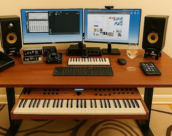 Height Adjustable Music Production Desk | Full-Size Custom Keyboard Tray + Solid Wood Top