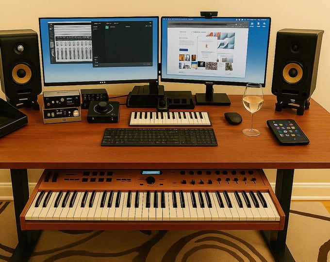 Height Adjustable Music Production Desk | Full-Size Custom Keyboard Tray + Solid Wood Top