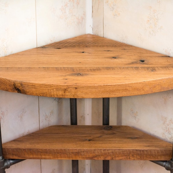 Small Corner Desk, Reclaimed Wood Corner Table Desk- Solid Oak W/ 26" Black Iron Pipe legs.