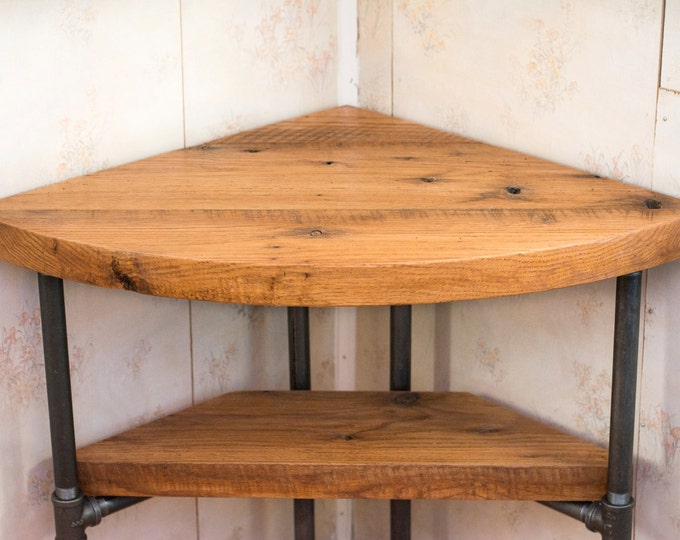 Small Corner Desk, Reclaimed Wood Corner Table Desk- Solid Oak W/ 26" Black Iron Pipe legs.