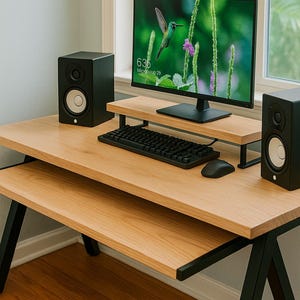 Modern Wood Computer Desk with Keyboard Tray and Monitor Shelf | Handmade Home Office Workstation
