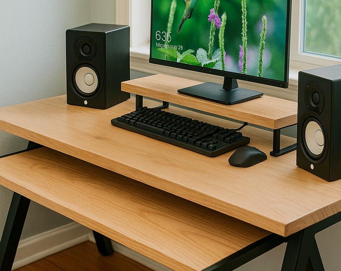 Modern Wood Computer Desk with Keyboard Tray and Monitor Shelf | Handmade Home Office Workstation