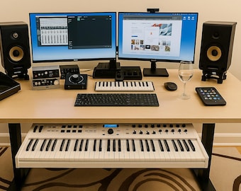 Handcrafted Hardwood Sit Stand Studio Desk – Adjustable Height Producer Workstation with Piano Shelf