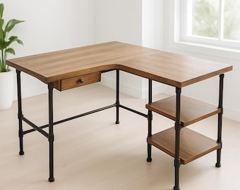 Custom L Shaped Desk with curve & storage shelves, You pick your tables, Corner Desk, L Desk ,  L- shaped desk , Custom Computer Wood Desk