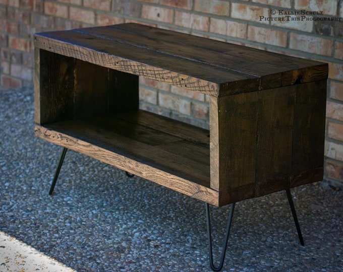 TV Stand Made From Reclaimed Barn Wood - Solid Oak W/ 8" Hairpin legs.