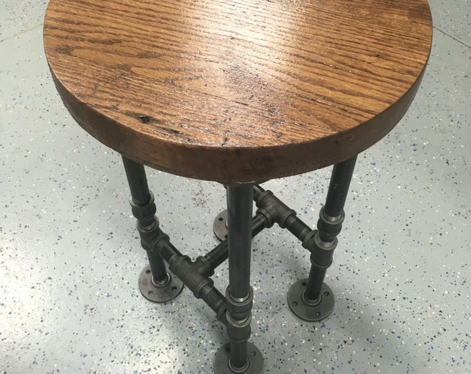 Bar Stool Rustic HandMade Oak Round w/ Industrial Black Pipe legs. Use as a Chair, Stand, Bar Stool, Stepping stool
